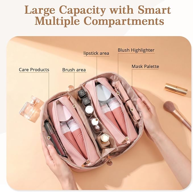 Travel Makeup Bag for Women: 3-in-1 Large Capacity Cosmetics Organizer with 2 Detachable Pouch - Vegan Leather Flat Open Toiletry Bag - Portable Travel Essentials for Full-Sized Bottles(Pink) - Image 3