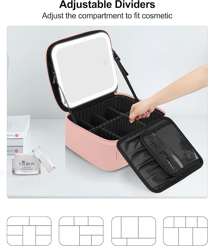 Chomeiu Makeup Bag with LED Mirror, Cute Cosmetic Bags for Women and Girls, Travel Train Case Artists Organizer Large Make Up Bags with 3 Color Light Up Mirror & Removable Brush Compartment, Pink - Image 4