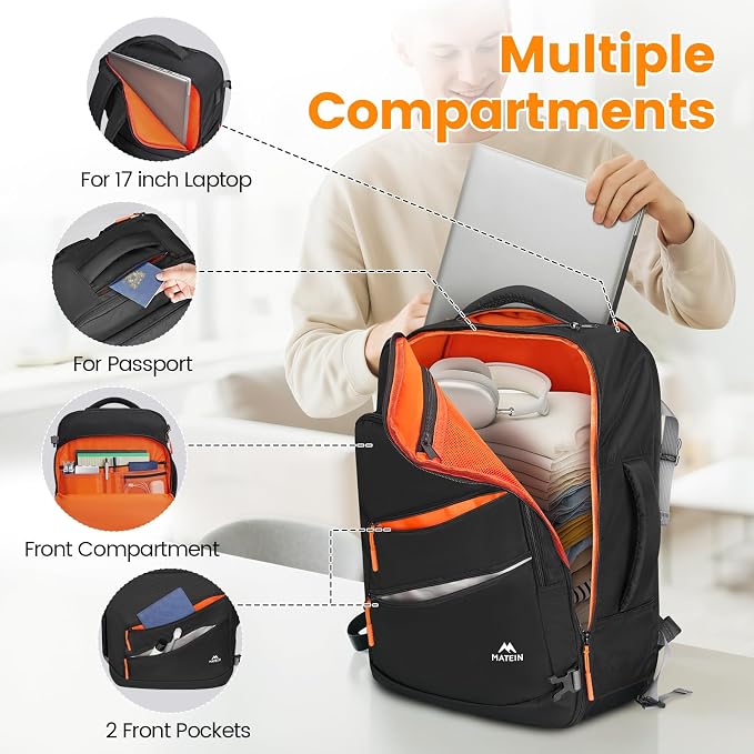 MATEIN Carryon Backpack for Airplane, Travel Backpack with Shoe Compartment | 40L, Airline Approved, Electronics Case, Large Capacity, Water Resistant, Fit 17" Laptop, Wet Pocket, Flight Essential, Black - Image 6