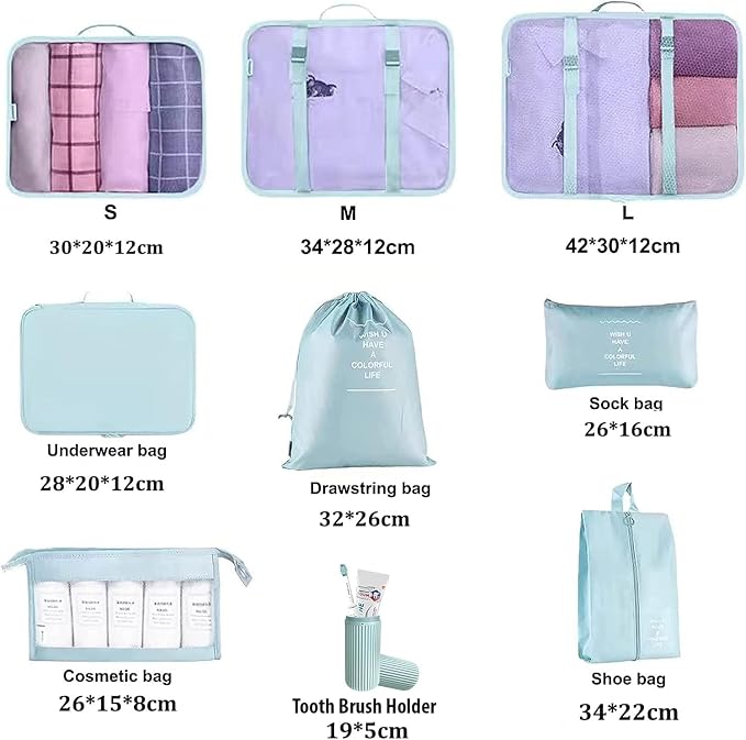 8 Pcs Packing Cubes, Travel Luggage Organizer for Men and Women, Toiletry Bag, Packing Cubes for Travel - Set of 8, 2. Sky Blue, 9 Pieces Set with Toothbrush Holder, Travel Accessories - Image 2