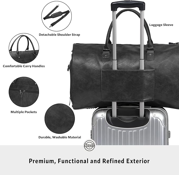 STOVER Garment Travel Duffle Bag, Large 2-in-1 Convertible Carry-on Luggage for Men & Women- Hanging Suits, Dresses & Clothes + Shoe Compartment- Weekender Tote Combo Duffel (Black Leatherette) - Image 4