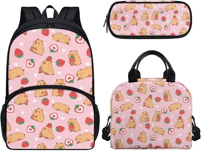 Capybara Strawberry School Bags for Girls, 3Pcs Students Backpack, Elementary Princess Bookbag Sets with Lunch Box Pencil Case for School by CndexdWearfunPrintjoy