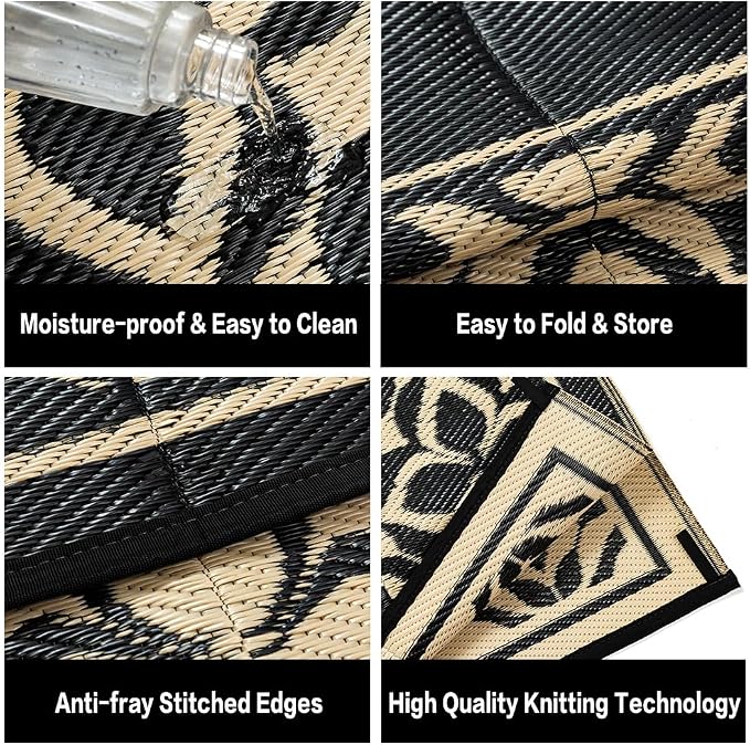 PureCozy Outdoor Plastic Straw Rug Black Beige Large Outside Waterproof Outdoor Patio 9x12 Carpet Geometric Reversible Mat Modern for Camping RV Porch Deck Balcony Beach - Image 5