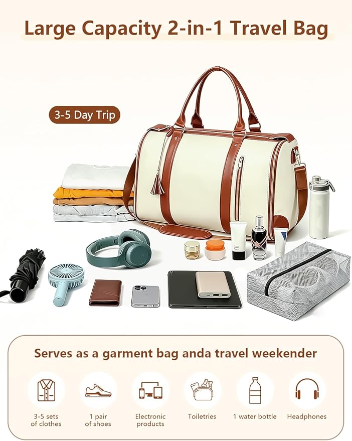 2 in 1 Convertible Garment Duffle Bags for Travel 45L Carry on Duffle Bag for Men & Women with Shoe Lmproved Zipper and Reinforced Straps Suitable for Business & Weekend Trips Beige - Image 3
