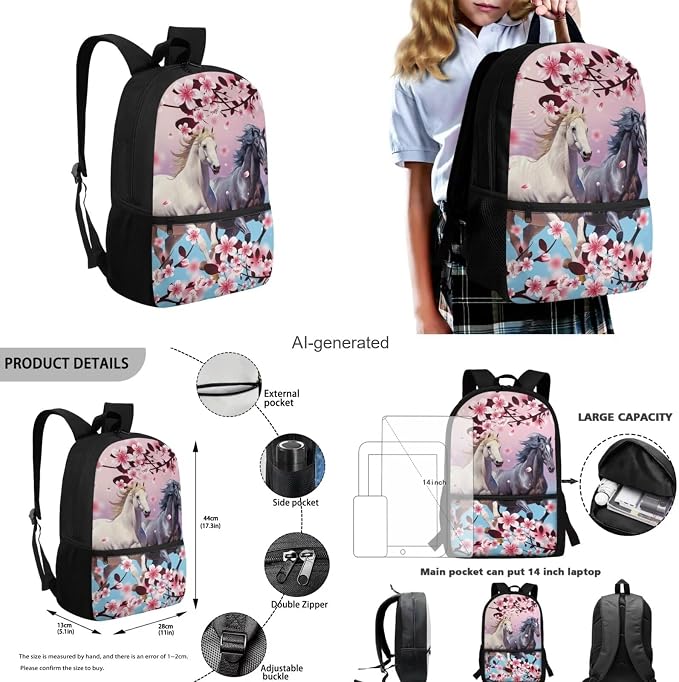 Cherry Blossom Horse Backpack for Girls Kids Backpack with Lunch Box Water Bottle Bag and Aesthetic Pencil Case 4PCS Set Bookbag with Front Pocket for School Teens 17 inch Sturdy School Bag - Image 3