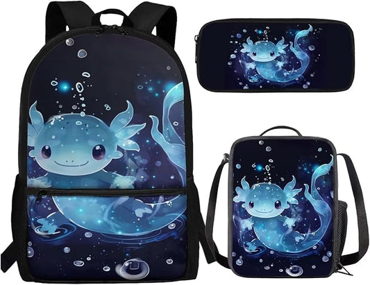 Blue Axolotl Backpack and Lunch Box for Girls 4-6/6-8/8-10 Kids Bookabags for 4th Grade Girls Elementary School Back Pack with Lunch Bag Pencil Case Middle Student Book Bag Set Schoolbag by SCRAWLGODDreamWardrobe