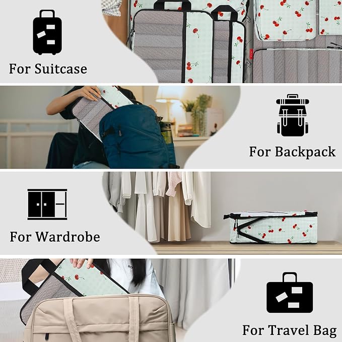 U+U 10 Set Compression Packing Cubes - Ultralight Travel Organizers with Laundry Bag and Cosmetic Bag, Space-Saving Suitcase Organizer for Travel, Business Trip and Family Vacation (Sage Green Cherry) - Image 7