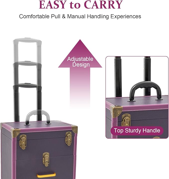 Rolling Makeup Case Cosmetic Train Case Trolley Storage Polish Organizer Purple - Image 6