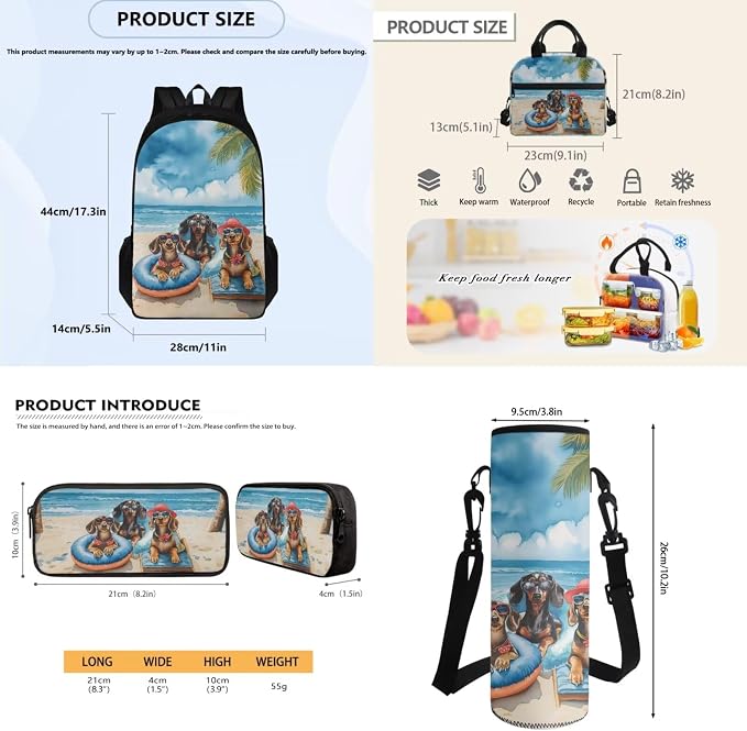 4 pcs Kids Backpack Set with Funny Dachshund Print, School Supplies Include School Bags Book Bag with Insulated Lunch Bag Kit Pen Bags Water Bottle Sleeve Set for Kids Teens Boys Girls - Image 7