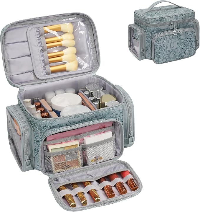 Bagmoly Large Makeup Bag, Portable Travel Makeup Bag Organizer for Women Girls with Makeup Brush Compartment & Two Side Pockets, Cosmetic Travel Bag Vertical Storage Toiletry - Floral Blue by OrganizeYourMakeup