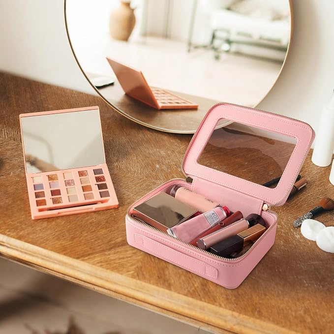 Aveniee Clear Makeup Bag Organizer Set,Portable Travel Toiletry Case for Women, Vegan Leather Cosmetic Pouch Car Bag for Essentials 2pcs,Middle & Large,Pink - Image 2