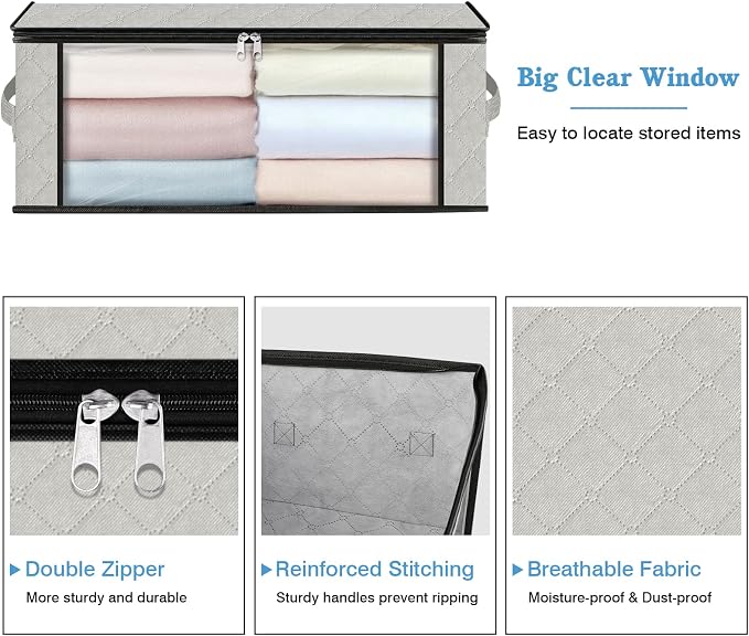 HomeHacks Storage 6-Pack Clothes Organizer Storage Bags Foldable Storage Box with Large Clear Window Sturdy Handles for Closet, Dorm, Pillows, Bedding, Clothes, Blankets, 35L, Ivory - Image 4