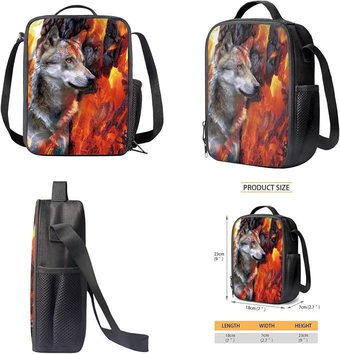 Wolf Lava Fire Print Backpack Set for Student Schoolbag Lightweight Bookbag Lunch Box Pencil Case Fashion 17 Inch Travel Laptop Backpacks Rucksack Daypack with Adjustable Straps - Image 4