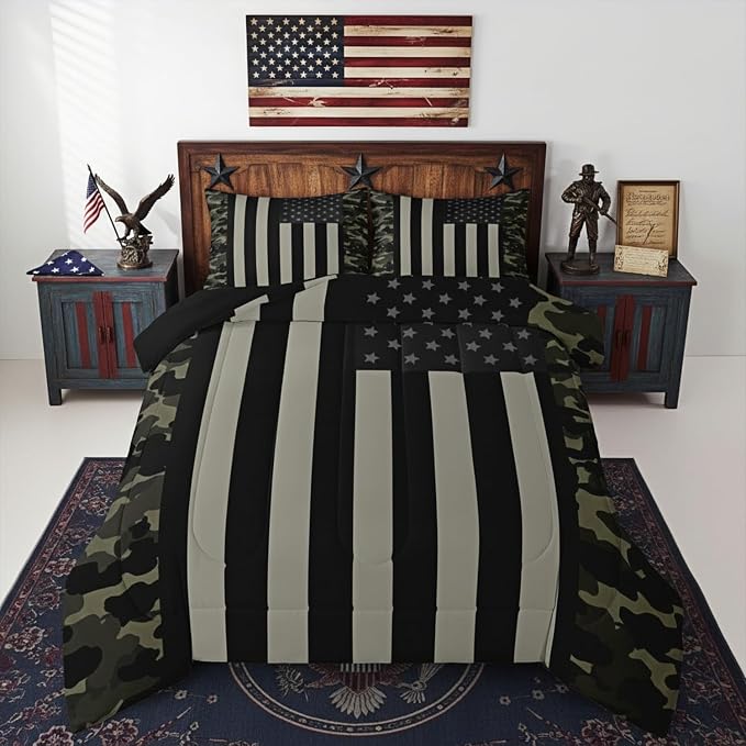 American Flag Comforter Set Twin Military Camo Down Comforter,Retro Army Green Camouflage USA Flag Bedding Set For Kids Boys Teens Men Bedroom,Black Grey Stars Stripes Quilt Duvet Set 1 Pillow Case - Image 2
