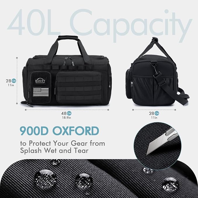 Tactical Gym Bag for Men 40L Sports Duffel Bags 3 in 1 Travel Duffel Bag with Shoe Compartment Waterproof Workout Backpack Carry On Bag for Overnight Weekender Travel Black - Image 2