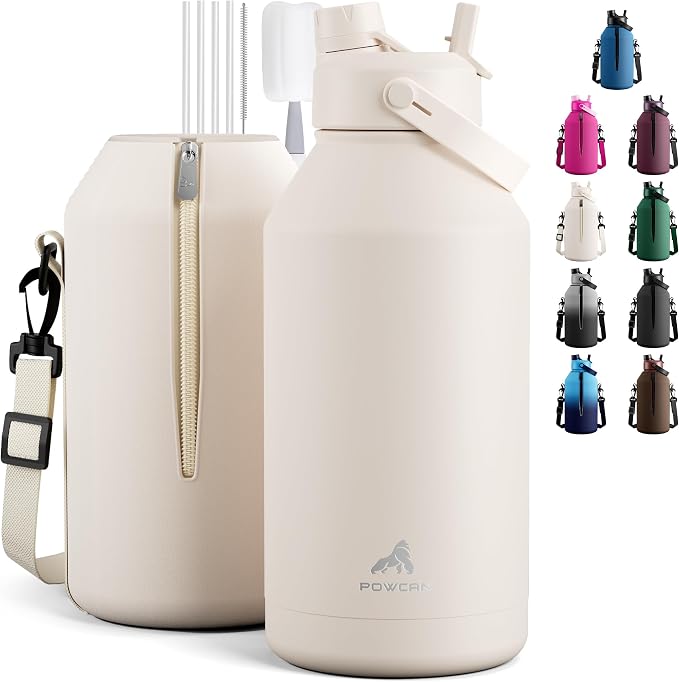 POWCAN 64 oz Water Bottle Insulated with 2-in-1 Straw and Spout Lid, Carrier Bag, Handle Strap, Leakproof, BPA-Free, Half Gallon Metal Water Bottle for Camping, Picnic and Hydration (Cream) by POWCAN