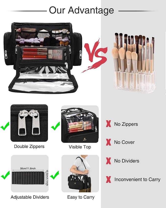 TANTO Makeup Brush Bag, Extra Large Makeup Case Professional Makeup Artist Bag Stand-up Cosmetic Bag Travel Makeup Brush Case with Shoulder Strap and Adjustable Divider - Image 6