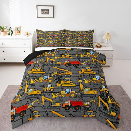 Erosebridal Excavator Comforter Set King,Tractor Construction Bedding Set for Kids Boys Teens Truck Room Decor,Cartoon Vehicle Car Bedding Comforter Construction Site Duvet Set Yellow Dark Grey 3 Pcs by Erosebridal