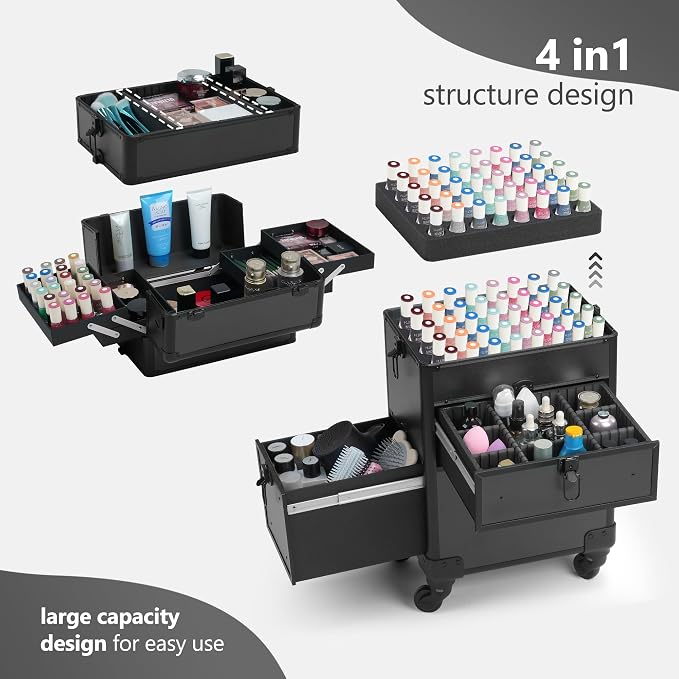 Somduy 4 in 1 Rolling Makeup Case on Wheels with Drawer and Professional Cosmetic Organizers for Salon Barber - Bright Black - Image 4