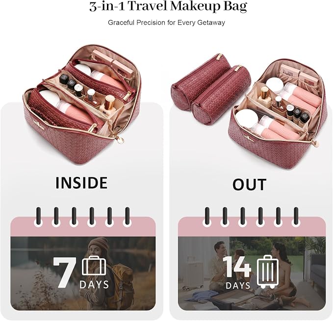 Travel Makeup Bag for Women: Designer 3 Pcs Set Cosmetic Bags for Women - Large Capacity Vagen Leather Hand-made for Toiletry Organizer - Ladies Travel Flat Open Essentials for Luxury (09Red) - Image 7