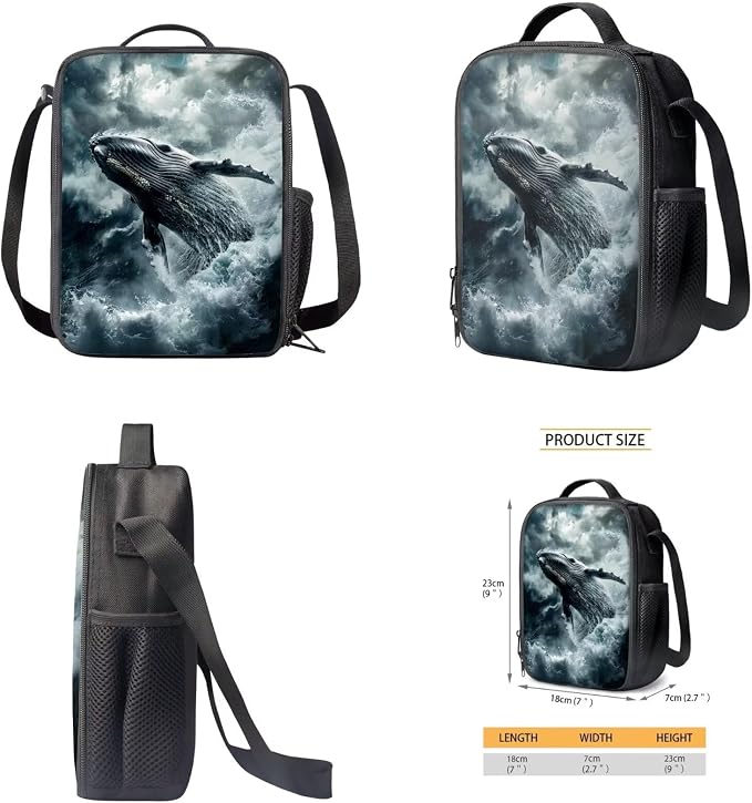 17 Inch Animal Print School Backpack And Lunch Box Set for Kids Lightweight Stormy Sea Whale Backpack for Boys Girls Sturdy School Bag with Insulated Lunchbox Pencil Case Student Bookbag - Image 5