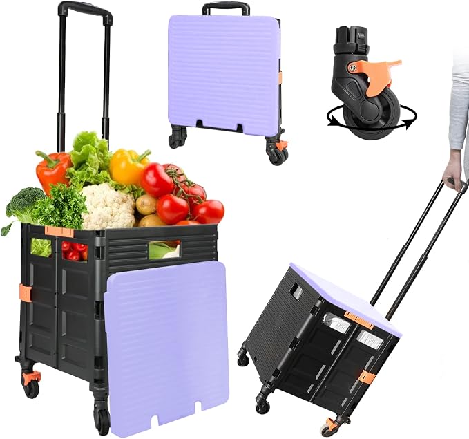 Quick Utility Cart Folding Portable Rolling Crate Handcart with Durable Heavy Duty Plastic Telescoping Handle Collapsible 4 Rotate Wheels for Travel Shopping Moving Luggage Office Use - Image 6