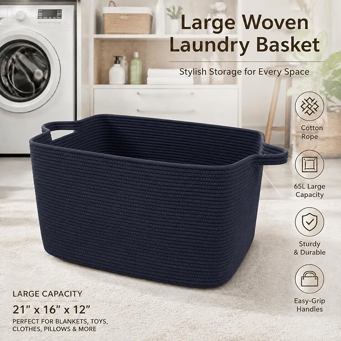 65L Collapsible Woven Rope Laundry Basket with Handles,Navy | 21x16x12 Foldable Rectangular Blanket Basket for Toys, Clothes & Pillows,Ideal for Nursery, Bathroom, Bedroom, Living Room - Image 5
