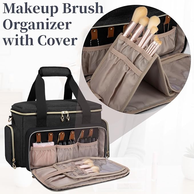 GDNasist Large Makeup Bag, Portable Travel Makeup Bag Organizer for Women Girls with 2 Removable Pouches & Detachable Dividers, Cosmetic Travel Bag, Toiletry Bag for Makeup and Hair Supplies Black - Image 3
