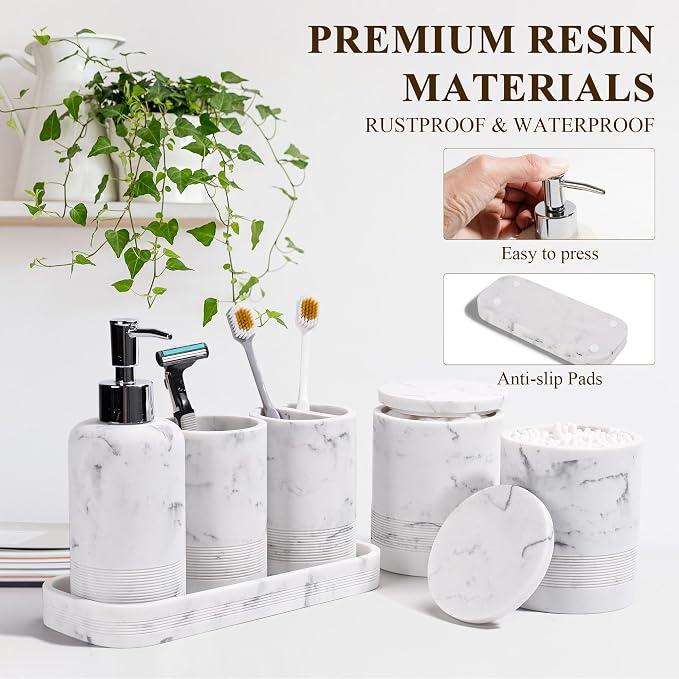 Bathroom Accessories Set, 6-Piece Bathroom Accessory Set, Toothbrush Holders Set, Soap Dispenser, Vanity Tray, Tumbler, Cotton Swab Jars, Bathroom Organizer for Modern Bathrooms (Marble White) - Image 5