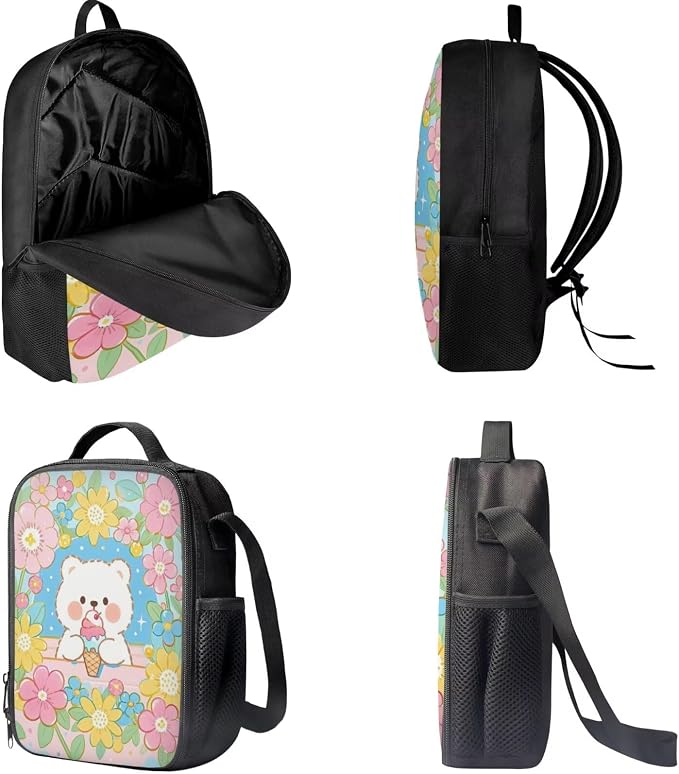 Forchrinse Bear Backpack with Lunch Box Cute School Backpacks for Girls 8-7 10-12 and Lunchbox 17 Inch Large Capacity Primary School Bag Lunch Bag Pencil Case, 3-in-1 - Image 5