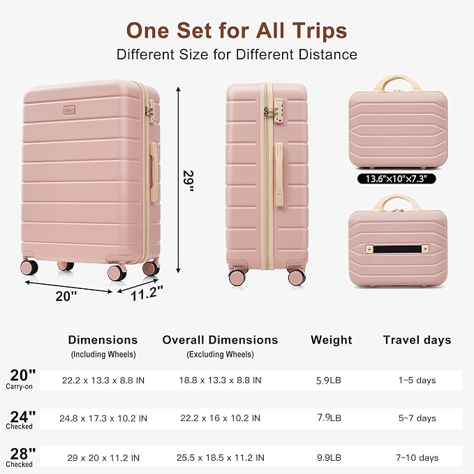 Hardshell Luggage Sets, Lightweight Stripes Suitcases with Spinner Wheels, Pink 6pcs - Image 8