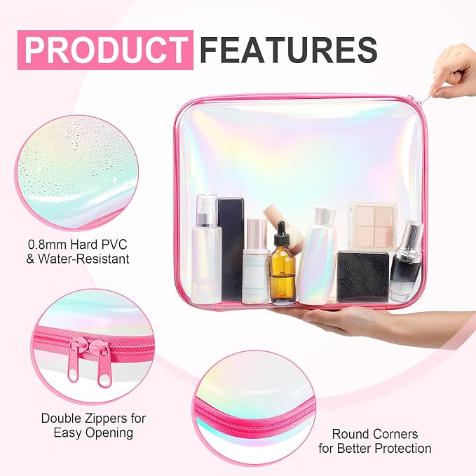 Sanwuta 6 Pcs Clear Hard Zipper Case Plastic Zipper Pouches Transparent Makeup Bag Pencil Case Pouches Toiletry Diaper Bag for Travel Toy Storage Organizer Bins(Holographic,13.78 x 11.81 x 2 Inch) - Image 3
