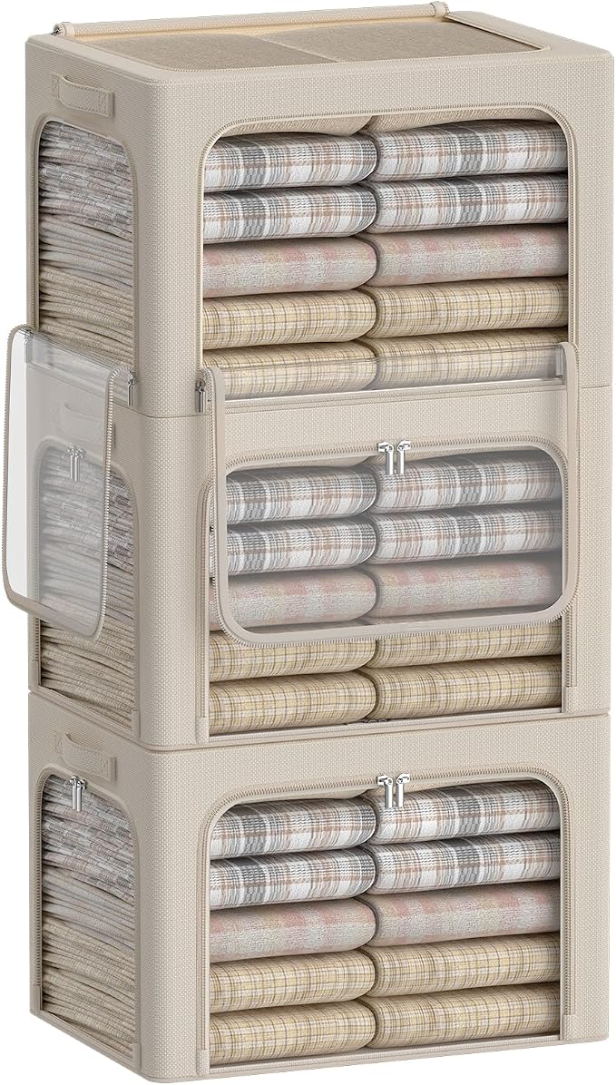 3Pack Clothes Storage Bins - Oxford Frame Storage Box Foldable Stackable Storage Organizer with 3 Openings Design, Metal Frame, Clear Window, Carry Handles (Beige, 100L-23.6 * 16.5 * 15.7in) - Image 9