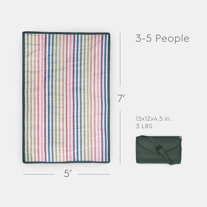 Little Unicorn 5'x7' Outdoor Family Picnic & Beach Blanket | Durable & Water-Resistant Fabric | Compact Fold & Easily Wipes Clean | Zipper Pocket (Chroma Rugby Stripe) - Image 2