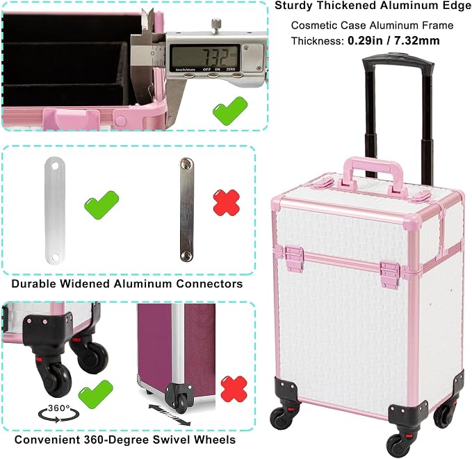 Arous Rolling Train Makeup Case Cosmetology Case on Wheels, White | Cosmetic Travel Trolley 4 Tray with Sliding Rail Removable Middle Layer with Key Salon Barber Case Traveling Cart Trunk - Image 6