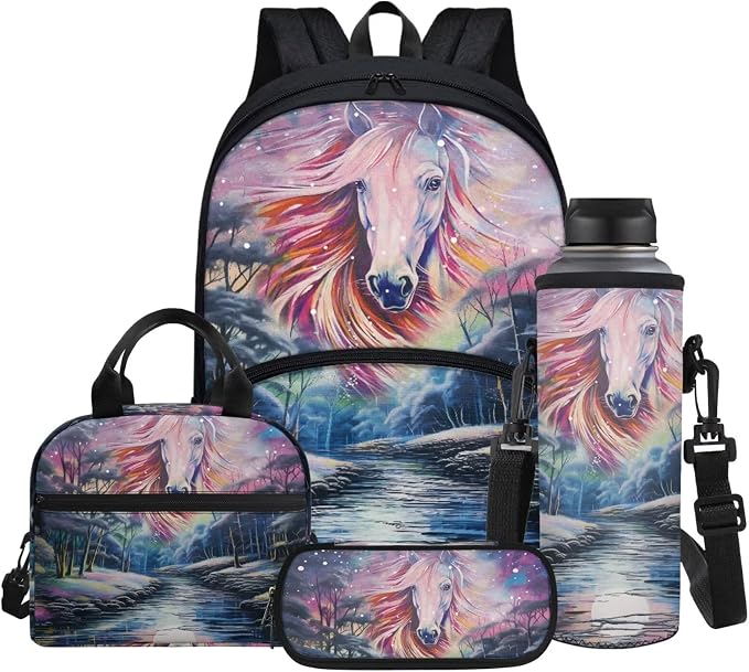 Galaxy Horse Print School Backpack for Girls Boys Full Set of 4 Casual Schoolbags with Insulated Thermal Lunch Box Cooler Water Bottle Carrier Portable Pencil Case by Glomenade
