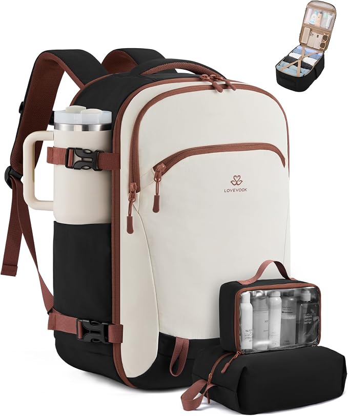 LOVEVOOK 40L Travel Backpack for Women, Airline Approved Carry On Backpack with 2 Packing Cubes, Waterproof Personal Item Bag Fits 17 Inch Laptop, TSA Traveling Essentials Weekender Overnight Backpack by LOVEVOOK