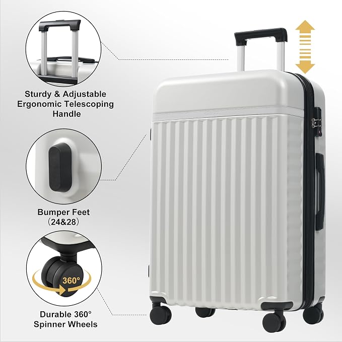 Merax Luggage Sets, Durable Hardshell 3 Piece Suitcase with Bags | Lightweight Carry on Luggage with Double Spinner Wheels and TSA Lock,20+24+28 inches,White Grey - Image 4