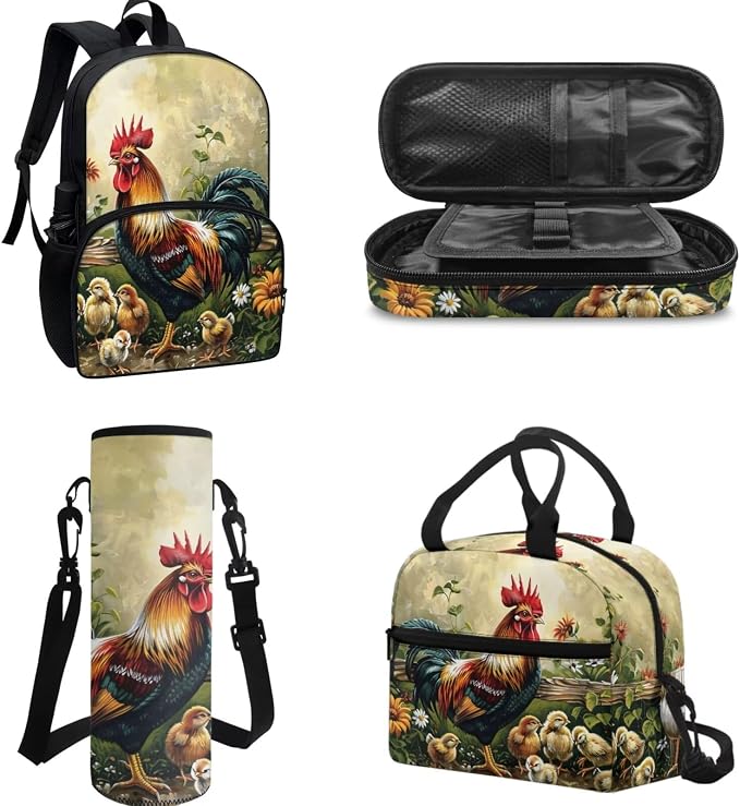 POLERO Chicken Rooster Print School Backpacks Teen Girls Bookbags 4Pcs School Bag Set with Thermal Insulated Lunch Box - Image 2
