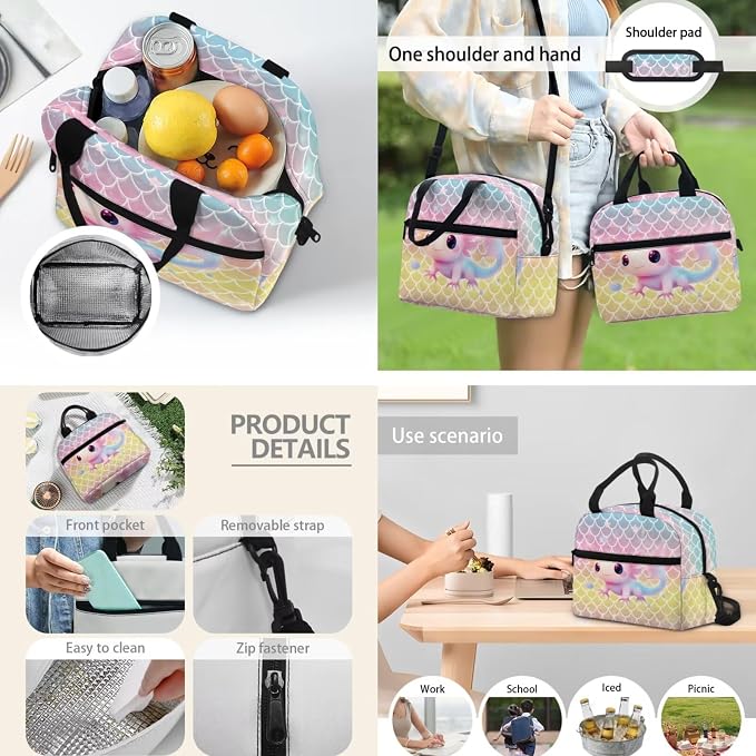 Pink Yellow Axolotl Backpack for Girls Kids High School Middle School Bag with Lunchbox Pencilcase Travel Rucksack Daypack Large Backpack with Front Pocket - Image 3