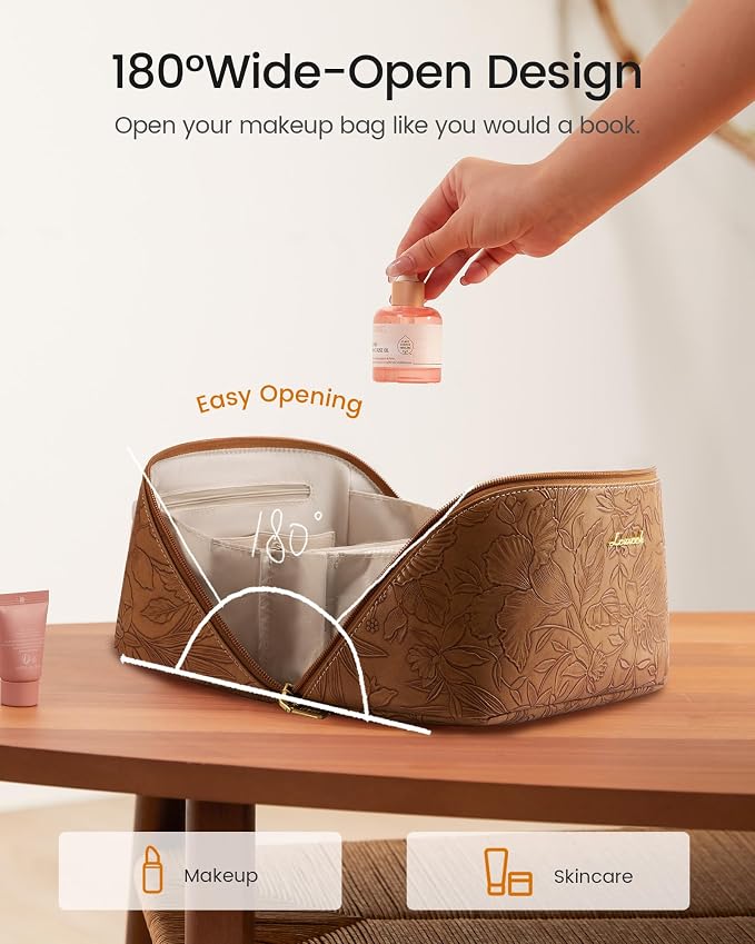 LOVEVOOK Travel Makeup Bag for Women, 2Pcs Large Capacity Cosmetic Organizer Bag, Waterproof PU Leather, Flat Open Portable Small Toiletry Pouch for Skincare, Brushes & Travel Essentials - Image 4