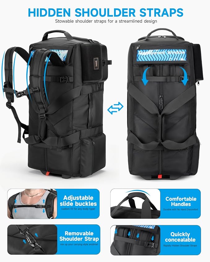 100L Rolling Duffel Bag with Wheels, Foldable Extra Large Travel Duffle Backpack, Heavy Duty Luggage Bag with Shoe Compartment for Moving, Camping, College Move-In, Hospital, Sports Gear - Image 8