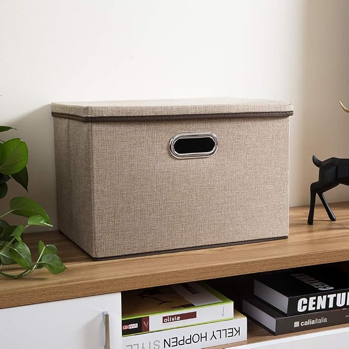 PRANDOM Large Collapsible Storage Bins with Lids [1-Pack] Jute Fabric Foldable Storage Boxes Organizer Containers Baskets Cube with Cover for Home Bedroom Closet Office Nursery (17.7x11.8x11.8) - Image 3