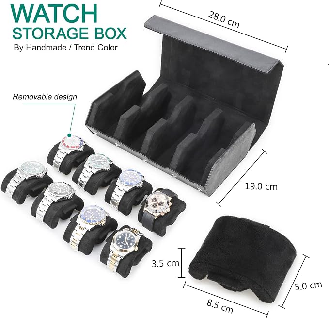 Hiram Genuine Leather Hexagon Watch Roll Travel Case, Leather 8-Watches Roll Case with Removable Pillow Cushion for Treasured Watches and Bracelets-Black - Image 2