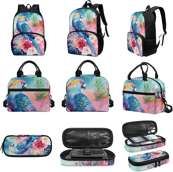 Blue Floral Bird Parrot Backpack Set for Girls Kids Lightweight Cute School Backpack with Lunch Box Pencil Case Adjustable Strap Padded Book Bag Insulated Lunch Bag - Image 3