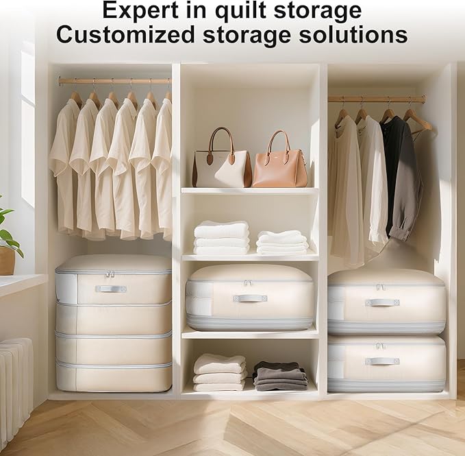 Comforter Storage Bag - 130L Large Capacity Blanket Storage Bags 4-Layer Ultra Space Saving Self Compression Organizer, Washable Compression Bags for Storage Comforter Blanket, 2-Pack, Beige - Image 6