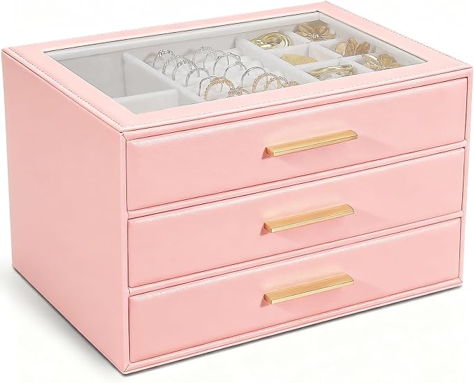 GUOER Jewelry Box for Women, Glass Lid Jewelry Organizer with 3 Drawers PU Jewelry Storage Case for Necklaces Rings Earrings Bracelets (Pink) by GUOER