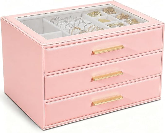 GUOER Jewelry Box for Women, Glass Lid Jewelry Organizer with 3 Drawers PU Jewelry Storage Case for Necklaces Rings Earrings Bracelets (Pink) by GUOER