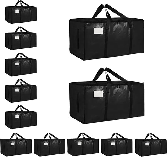 12 Pack-Extra Large Heavy Duty Moving Bags - Waterproof Storage Totes with Handles & Zippers, Foldable for College Dorm, Storage (Black) by Unknown