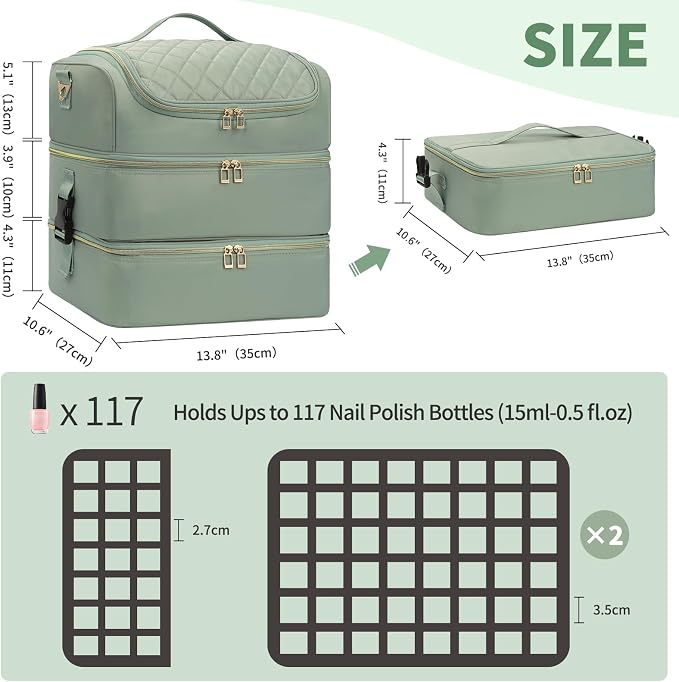 Extra Large Nail Polish Organizer Holds 117 Bottles - Three Layer Nail Organizers And Storage Bag, Portable Nail Supplies Organizer Case, Nail Tech Kit Travel Carrying Box with Shoulder Strap - Image 7